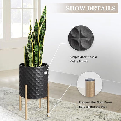 Oakrain Planters for Indoor Plants, Set of 2 Decorative Metal Planter Pots, Mid Century Modern Planter with Stand for Living Room, Office, Garden or Balcony, Textured Black, 8"&10"
