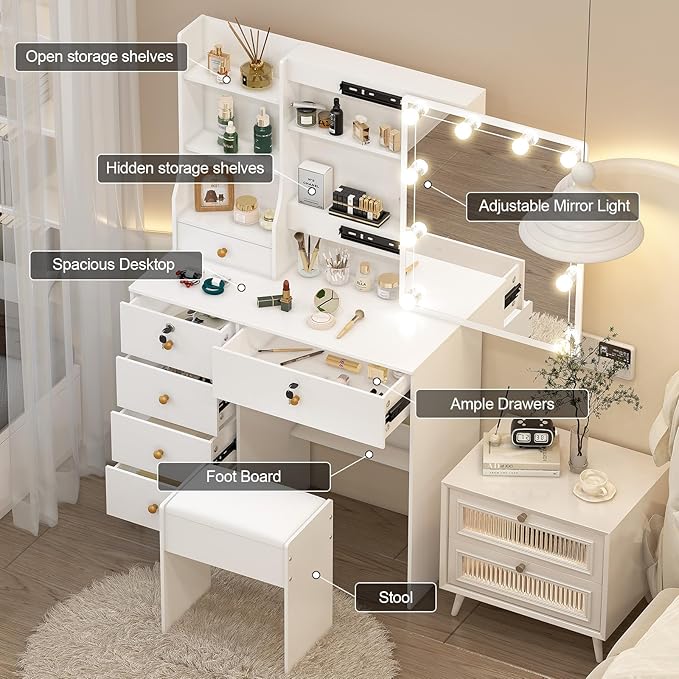 Small Makeup Vanity Desk with Lights and Slidind Mirror, Vanity Table Set with Chair, Lighted Dressing Table with 3 Adjustable Light Modes, 6 Drawers, 6 Shelves, White Vanity Desk for Women