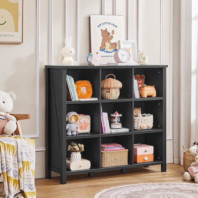 9 Cube Bookcase, Farmhouse 47 Inch Wide Black Bookshelf, Wooden 3 Tier Display Large Open Book Shelf, Vintage Horizontal Book Case for Home Office, Cubby Storage Cabinet for Living Room