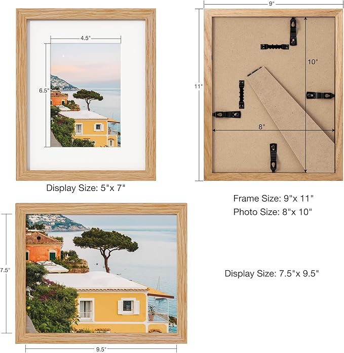 Axeman Solid Oak Wood Frame - 8x10 with Mat for 5x7, Plexiglass and Hanging Hardware Included - Natural, 3 PCs
