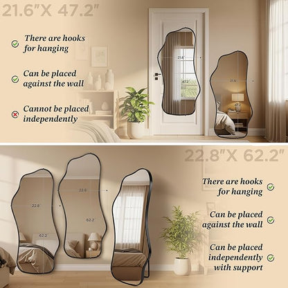 Mirror Full Length - Irregular Full Body Mirror Standing or Leaning or Wall Hanging 62.2"x 22.8" Asymmetrical Aviation Aluminum Alloy Frame Unique for Bedroom, Living Room, Cloakroom, Entryway