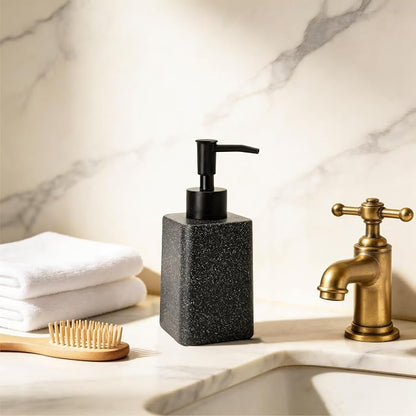 Bathroom & Kitchen Countertop Soap Dispenser, Modern Sandstone-Look Resin Bottle with ABS Pump, Durable Shatter-Resistant 8.5 oz Dispenser (Black)