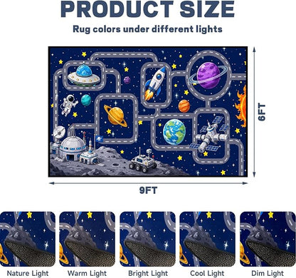 Outer Space Rug Astronaut Road Map Area Rug for Bedroom Living Room Nursery Kitchen Playroom Home Decor Washable Educational Floor Mat Galaxy Themed Carpet,6'x9'