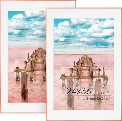 24x36 Metal Picture Frame For Wall With Mat For 20x30, 24''x36'' Aluminum Photo Frames With Tempered Glass For Home Decor, Minimalist Modern Poster Frame Horizontally Vertically Set of 2, Rose Gold