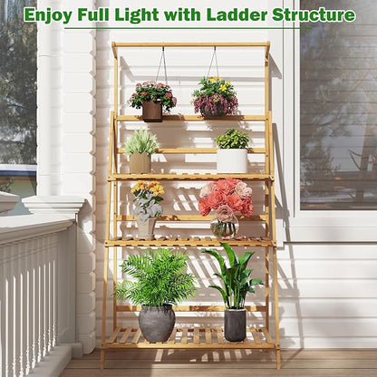 Giantex Plant Stand Indoor Outdoor - Bamboo 3-Tier Hanging Tall Ladder Flower Pot Display Organizer Rack w/Height Adjustable Rod, Folding Plant Shelf Holder for Living Room Corner Patio Garden Balcony