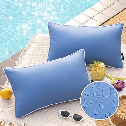 Phantoscope Pack of 2 Outdoor Waterproof Throw Pillow Covers Decorative Square Cushion Case Patio Pillows for Couch Tent Sunbrella, Foggy Blue 12x20 inches