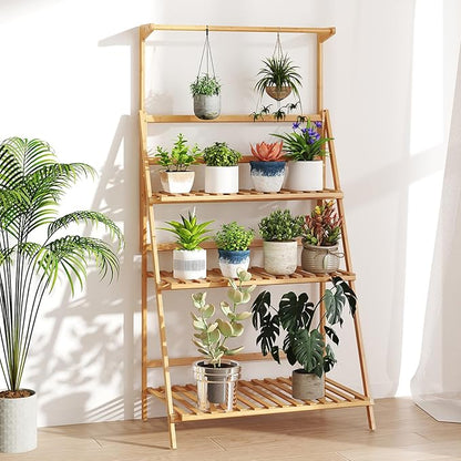 Giantex Plant Stand Indoor Outdoor - Bamboo 3-Tier Hanging Tall Ladder Flower Pot Display Organizer Rack w/Height Adjustable Rod, Folding Plant Shelf Holder for Living Room Corner Patio Garden Balcony