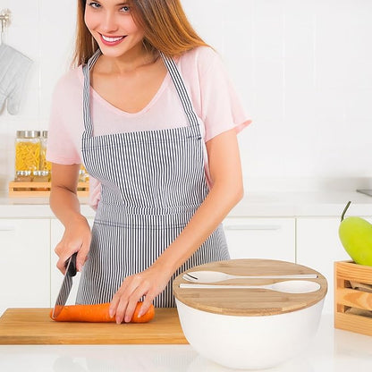 GEHE Bamboo Salad Bowl with Servers Set - Large 9.8 inches mixing bowls Solid Bamboo Salad Wooden Bowl with Lid Spoon for Fruits,Salads and Decoration (White, 9.8INCH)