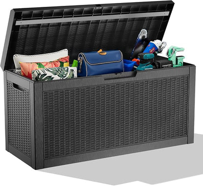 60 Gallon Resin Deck Box, Lockable Outdoor Storage Box for Patio Cushions Storage Furniture,Garden Tools, Pool Supplies, Weatherproof and UV Resistant（Black Rattan）