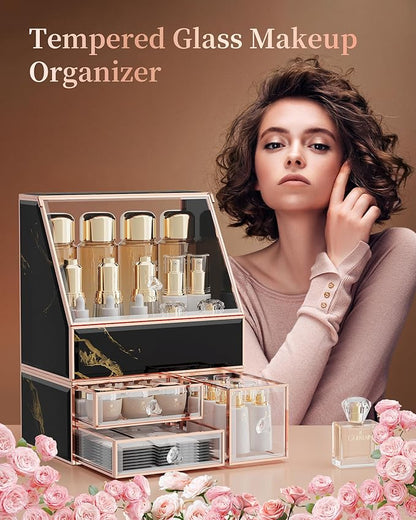 Makeup Organizer for Vanity, Black Makeup Organizer with Drawer, Skincare Holder for Bathroom Countertop,Cosmetic Display Case for Dresser