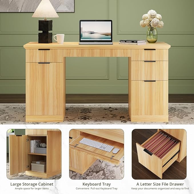 FURSUN 58" Fluted Modern Desk with Storage, Home Office Desk with 1 File Cabinet & 5 Drawers, Wood Executive Computer Writing Desk for Study, Living Room, Bedroom, Natural Oak