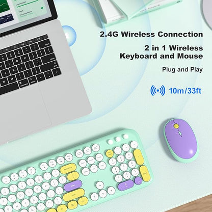 Wireless Keyboard and Mouse Combo, MOWUX Full Size Typewriter Retro Round Computer Keyboard, Cute Optical Mouse Wireless, Plug and Play, for Laptop, PC, Computer- Daydream Mint
