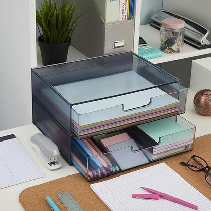 STORi STAX Plastic Stackable Organizer Drawers (Set of 2) Classic Grey | 12.5" Wide | Set Includes Two Open Drawer | Organize Office Desk Accessories & Sort Paper | Made in USA
