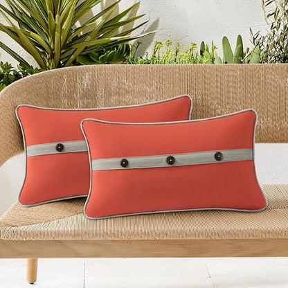 Outdoor Sunbrella Decorative Pillows with Triple Coconut Buttons Pack of 4, 20" x 12" Outdoor Pillow Set for Couch Bed Throw Patio Sofa, Canvas Melon/Cast Ash