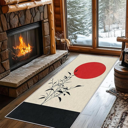 Long Narrow Hallway Runner Rug 2x9, Japanese Rug, Black and Grey Red Sun Pattern Design, Bed Side Runner Rugs for Bedroom, Children Kids Boys Girls Room, Zen Asian Home Decor
