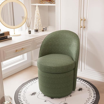 YOUNIKE Vanity Bench Boucle Fabric Green Solid Wood Swivel Accent Chair with Backrest Easy Assembly Dressing Stool for Bedroom & Makeup Room
