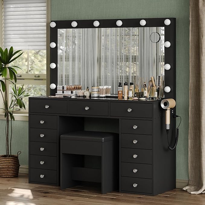 13 Drawers Vanity Desk, 47''W Makeup Vanity with Power Outlet, Vanity Table with Mirror and 12 LED Bulbs, 3 Color Lighting Modes, Glass Top, Dressing Table for Bedroom (Black)