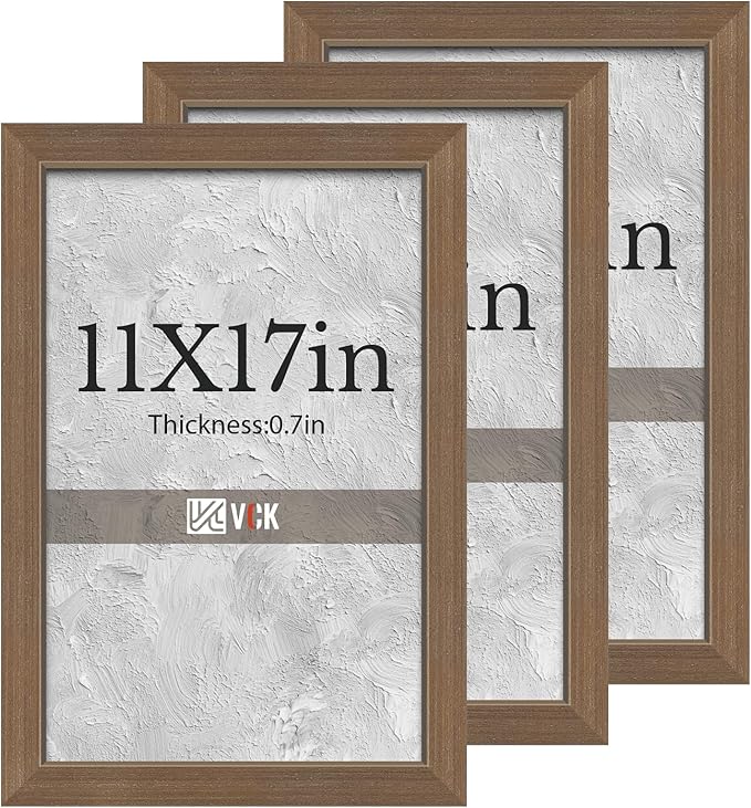 VCK 11x17 Brown Picture Frames 3 Pack, High-End Wood Wide Border Poster Frame, Multi-Directional Display Family Photos, Office Prints, Studio/Gallery/Home Artwork