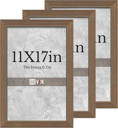 VCK 11x17 Brown Picture Frames 3 Pack, High-End Wood Wide Border Poster Frame, Multi-Directional Display Family Photos, Office Prints, Studio/Gallery/Home Artwork