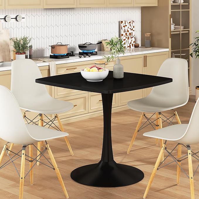 Recaceik Square Dining Table for 2-4 Person, 32 Inches Tulip Kitchen Table with Pedestal Base for Kitchen & Dining Room, Mid-Century Modern in Tulip w/0.71" Thickened Desktop, Black