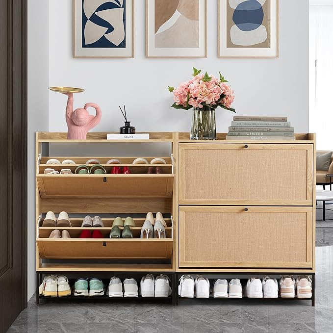 LEVNARY Shoe Cabinet Set of 2, Wooden Narrow Shoe Racks Cabinet Storage with 2 Flip Drawers, Hidden Freestanding Shoe Organizer for Hallway, Entryway, Home (2, Natural Oak)