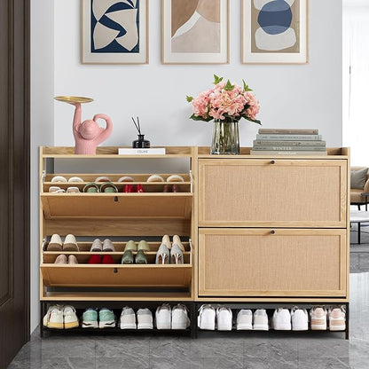 LEVNARY Shoe Cabinet Set of 2, Wooden Narrow Shoe Racks Cabinet Storage with 2 Flip Drawers, Hidden Freestanding Shoe Organizer for Hallway, Entryway, Home (2, Natural Oak)