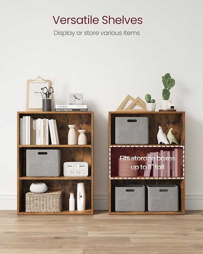 VASAGLE Set of 2 Bookshelves, 23.6 Inches Wide, 3-Tier Open Bookcases with Adjustable Storage Shelves, Floor Standing Units, Rustic Brown ULBC163X01-2