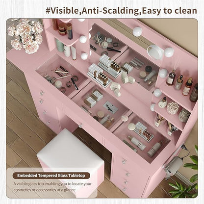 9 Drawers Vanity Desk & Power Outlet, Makeup Vanity with Mirror and 10 LED Lights, 3 Lighting Modes Brightness Adjustable, Makeup Table with 4 Shelves and Fold-up Panel, Vanity Set for Bedroom, Pink