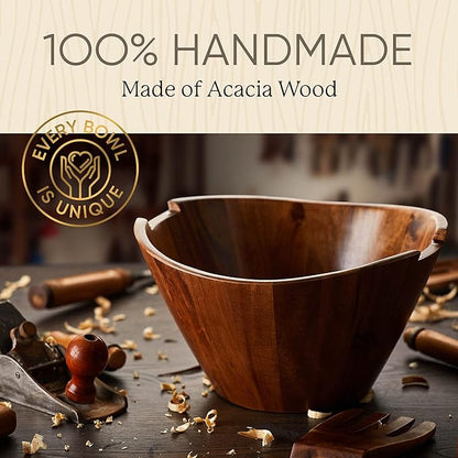 Night Tree Large wooden salad bowl with serving forks mixing, wood salad bowl set for food or fruits, magnetic utensils fit for 6–8 servings, ideal to family meals or as a unique gift