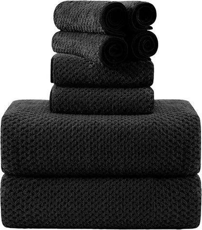8-Piece Bath Towel Set, 2 Extra Large Bath Towel Sheets, 2 Hand Towels and 4 Washcloths - Highly Absorbent Quick Dry Microfiber,Ultra Soft Towel Set for Bathroom,Waffle Weave Design, Pack of 8 (Black)