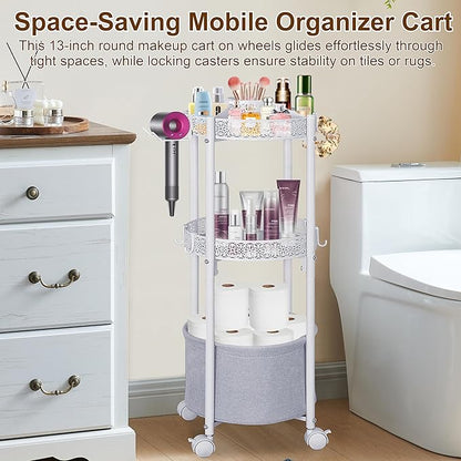 Makeup Organizer Cart with Hair Dryer Holder, 3-Tier Round Rolling Makeup Cart, Small Space Floor Vanity Organizer Cosmetic Display Cases for Skin Care Perfume Nail Polish Brush Tools, White