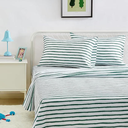 Amazon Basics Microfiber Kids' Sheet Set with Pillowcase, 4 Piece, Green Stripes, Queen