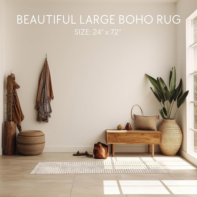 Beautiful 2x6 ft. Boho Runner Rug with Tassels for Your Hallway, Bedroom Or Living Room - Soft Cotton Carpet Fits Perfectly in Any Kitchen/Dining Space - Washable Rug Enhances Any Home Decor
