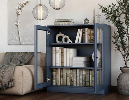 Palace Imports Solid Wood Bookcase - Floor Standing Bookshelf - 32” W - Display Furniture, Renewable 100% Eco-Friendly Wood, Made in Brazil (Antique Blue, Clear Glass Doors | 3-Shelf Short Bookcase)
