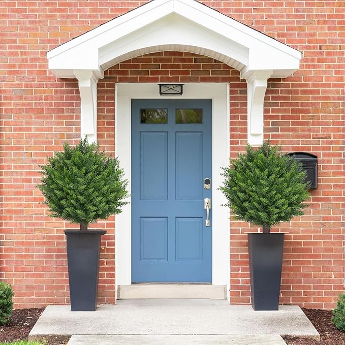 Artificial Set of 2 Cedar Topiary Ball Trees 22" for Outdoors with Ground Spike, UV Resistant Faux Cypress Plants into Anywhere, Evergreen Shrubs Bushes for Room Front Porch Garden Backyard Decor