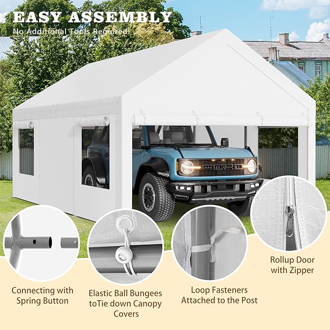 Walsunny Carport 10x20ft Heavy Duty Carport Canopy with Roll-up Ventilated Windows, Portable Garage with Removable Sidewalls, Car Canopy with All-Season Tarp for Car, SUV, Truck, Boat