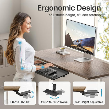 Keyboard Tray Under Desk with Storage Drawer, Height Adjustable Keyboard Tray