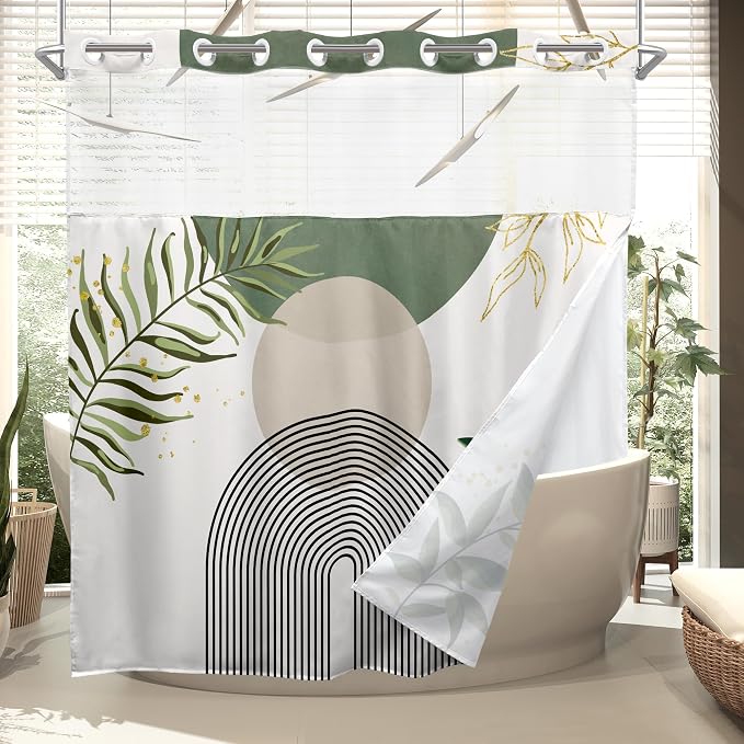 Sage Green Boho No Hooks Shower Curtain with Snap in Liner 72Wx72H Modern Mid Century Abstract Gold Leaves Minimalist Geometric Bathroom Decor Neutral Aesthetic Bath Curtain Fabric Polyester