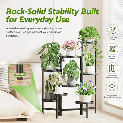Black Stand Plants, Metal Tiered Plant Stands Indoor, 8 Tier Corner Flodable Plant Stand Outdoor Planter Flower Pot for Multiple Plants, Floding Display Racks for Patio Porch Balcony