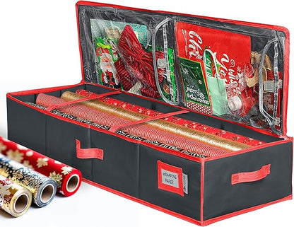 HOLDN’ STORAGE Premium Wrapping Paper Storage Container - Durable 600D Tear-Proof, Fits 27 Rolls Gift Wrap, Extra Pockets for Ribbons & Bows, Underbed Storage - Ideal for Holiday Christmas, Black