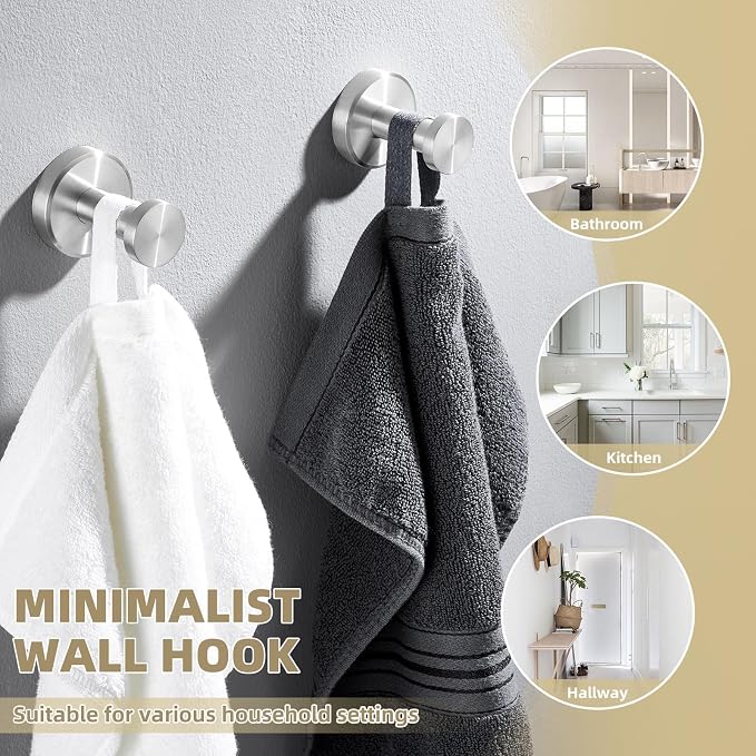 APLusee Brushed Nickel Bathroom Towel Hooks, 304 Stainless Steel Coat Hook 2 Pack, Heavy Duty Towel Hanger for Bathroom, Wall Mounted