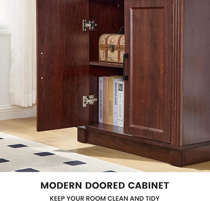 5 Tier Book Shelf and Bookshelf with Storage Cabinet Doors, 72 Inch Tall Bookcase, Wooden Cube Storage Organizer, Kids Bookshelf, Display Cabinet for Bedroom Furniture, Living Room, Pantry Cherry