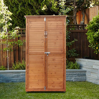 Outdoor Storage Cabinet, Wood Garden Shed, Pool Storage Shed with Lockable Door, Waterproof Roof and 2 Removable Shelves, Vertical Outside Storage Shed for Patio, Backyard and Lawn, Oak Brown