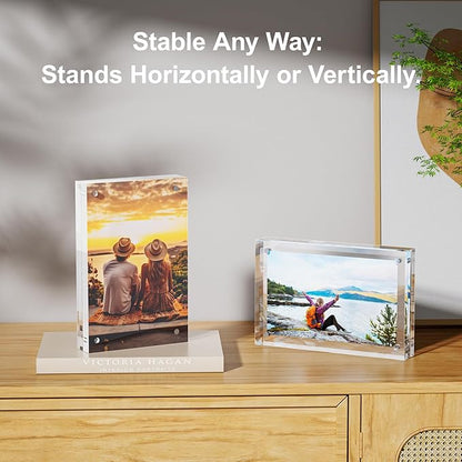 5 Pack 8x8 Acrylic Picture Frames - 20% Thicker Double Sided Magnetic Frame with UV Protection - Freestanding Clear Frameless Display for Tabletops - Modern Photo Frame Set for Home & Office Decor