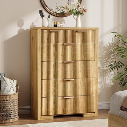 Fluted Dresser for Bedroom, 45" Tall Modern Chest of Drawers with 6 Drawers, Wood Closet Clothes Storage Organizer for Living Room, Wooden Dresser for Hallway, Natural Oak