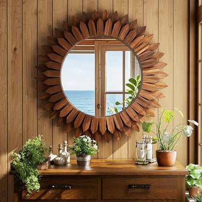 Boho Wood Sunburst Round Wall Mirror, 24 Inch Rustic Circle Wooden Frame Decorative Mirror for Farmhouse Coastal Home, Home Wall Decor for Living Room Entryway Bedroom, Walnut
