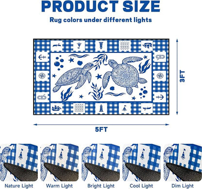 Sea Turtle Rug Coastal Ocean Print Floor Mat Blue and White Plaid Area Rug for Entryway Bedroom Living Room Nursery Kitchen Playroom Home Decor Non-Slip Washable Carpet,3'x5'