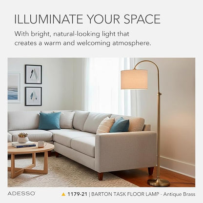 Adesso Antique Brass Floor Lamp with Oatmeal Linen Shade – Adjustable Height Accent Light for Bedroom, Living Room, or Home Office, up to 68” Tall