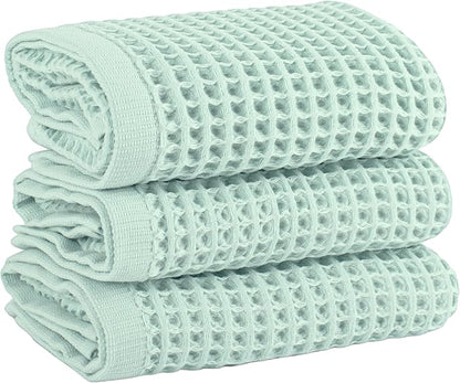 PÜSKÜL Natural 100% Turkish Cotton Waffle Kitchen Towels Set of 3 | Oeko-Tex, Premium Waffle Hand Towels for Bathroom | Soft Absorbent Quick-Dry Lint-Free Dish Towel Large 32x16 inch (3, Ice Green)