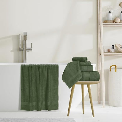 GLAMBURG Ultra Soft 8-Piece Towel Set - 100% Pure Ring spun Cotton, Contains 2 Oversized Bath Towels 27x54, 2 Hand Towels 16x28, 4 Wash Cloths 13x13 - Ideal for Everyday use, Hotel & Spa - Olive Green